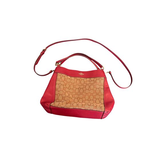 Coach Signature Lexy Canvas Bag Classic Logo/Red Leather Shoulder/Crossbody Bag - Picture 1 of 8